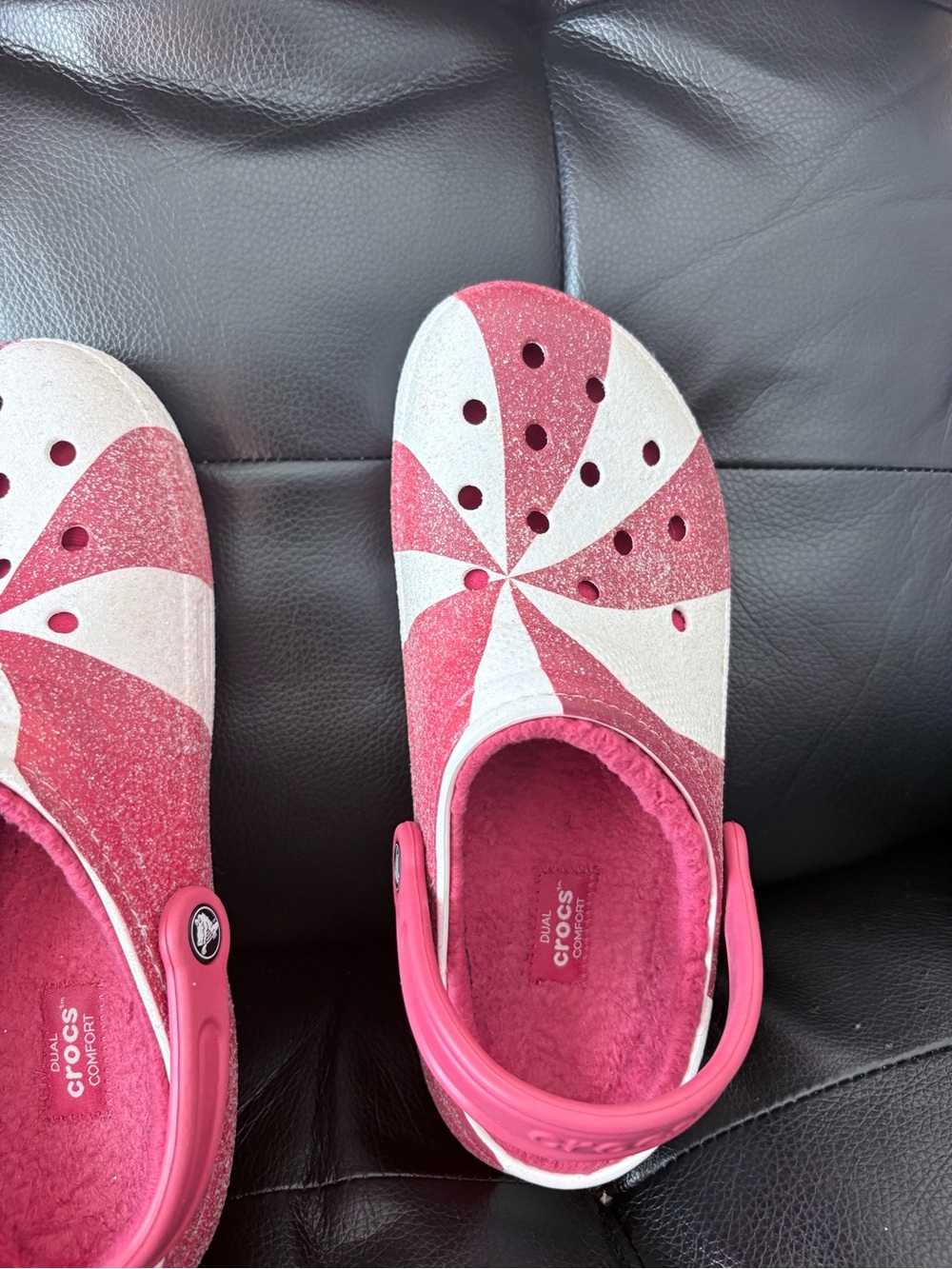 CROCS  Red & White Swirl Fuzzy-Lined Clogs used